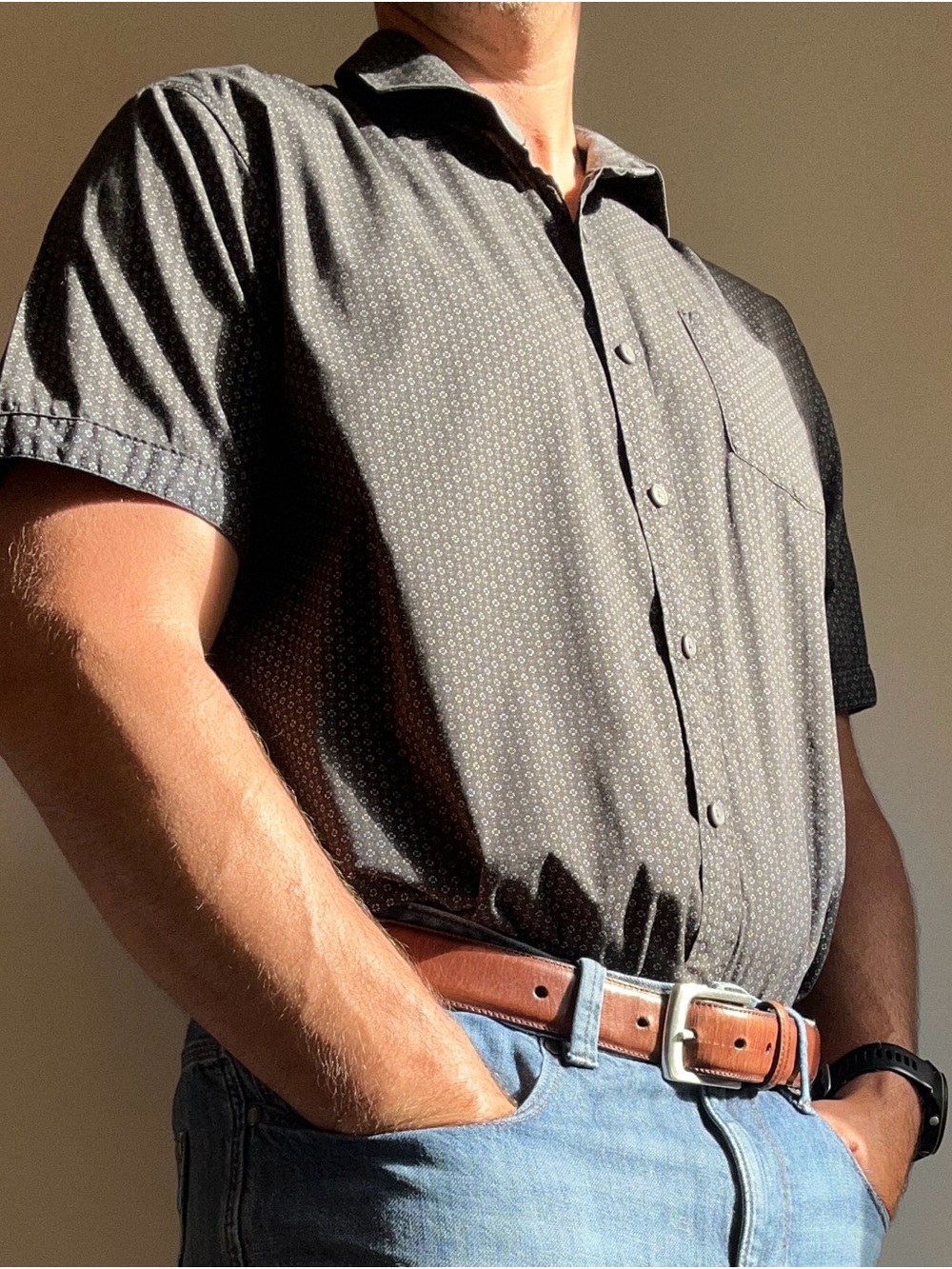 Ike Behar Men's Short Sleeve Stretch Cotton Geometric Print Button Down L